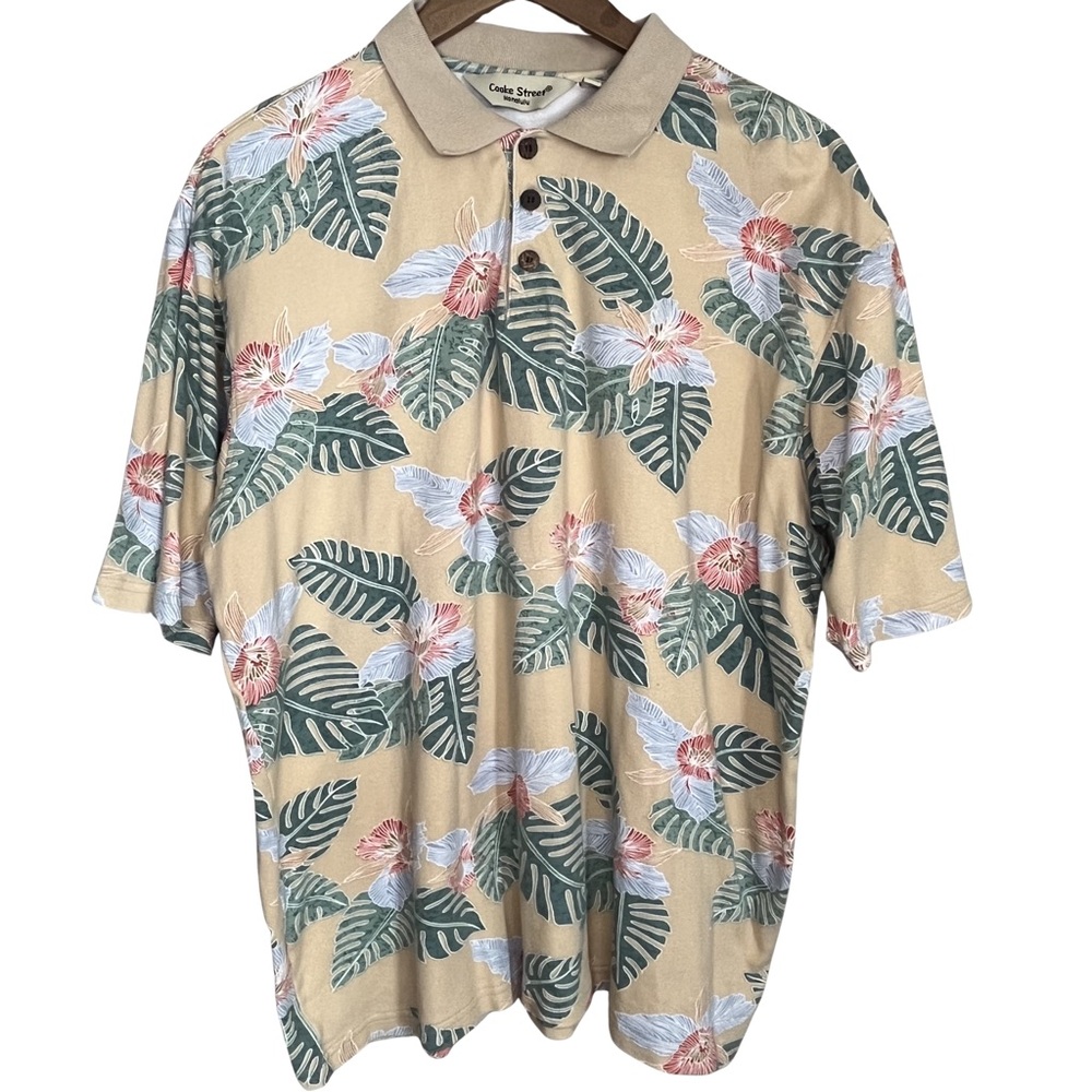 Cooke Street Honolulu 100% Cotton Large Beige Tropical Leaf Print Hawaiian Polo